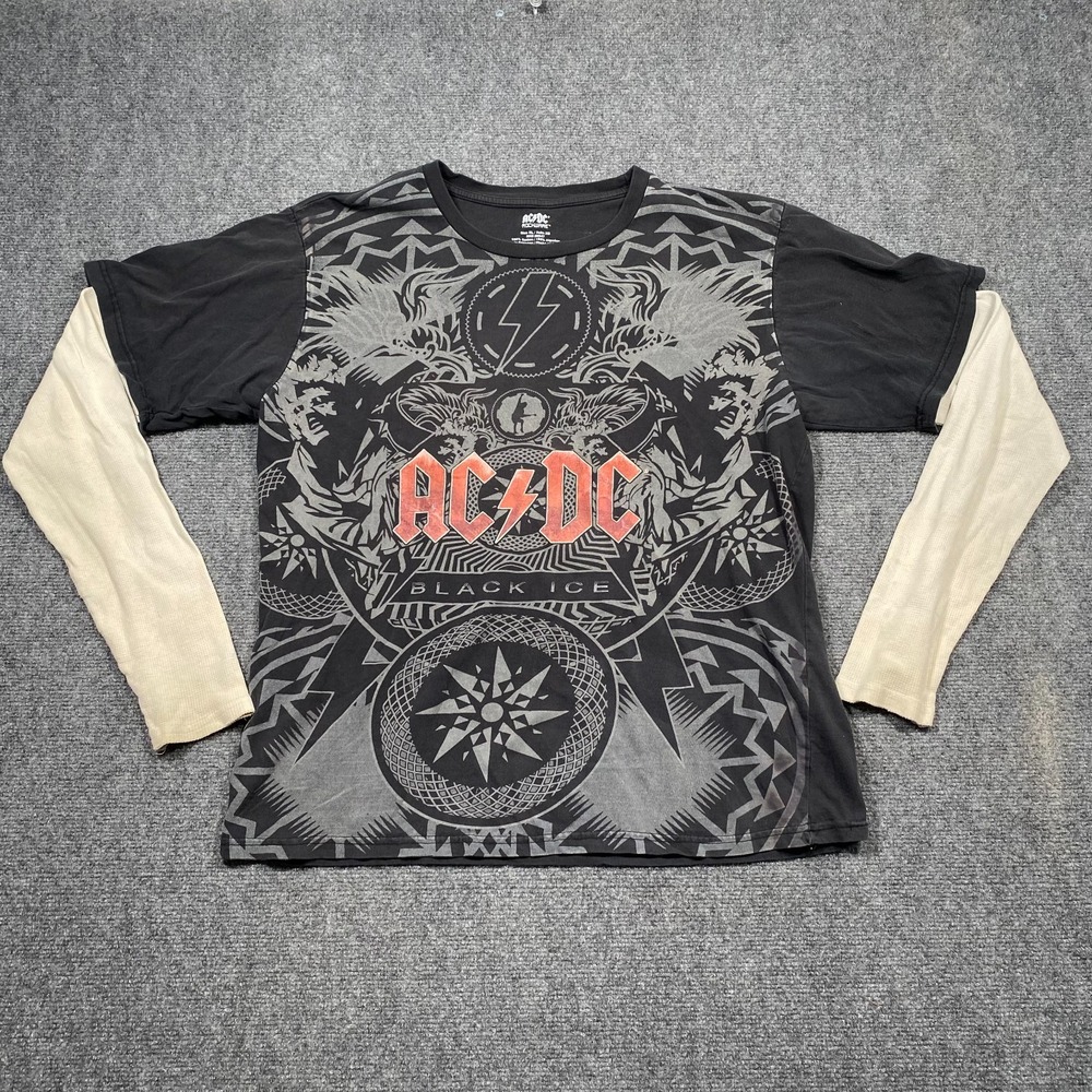 ACDC Shirt Mens XL Black Ice Graphic Print Thermal Long Sleeve Rockwear 2009 Y2K